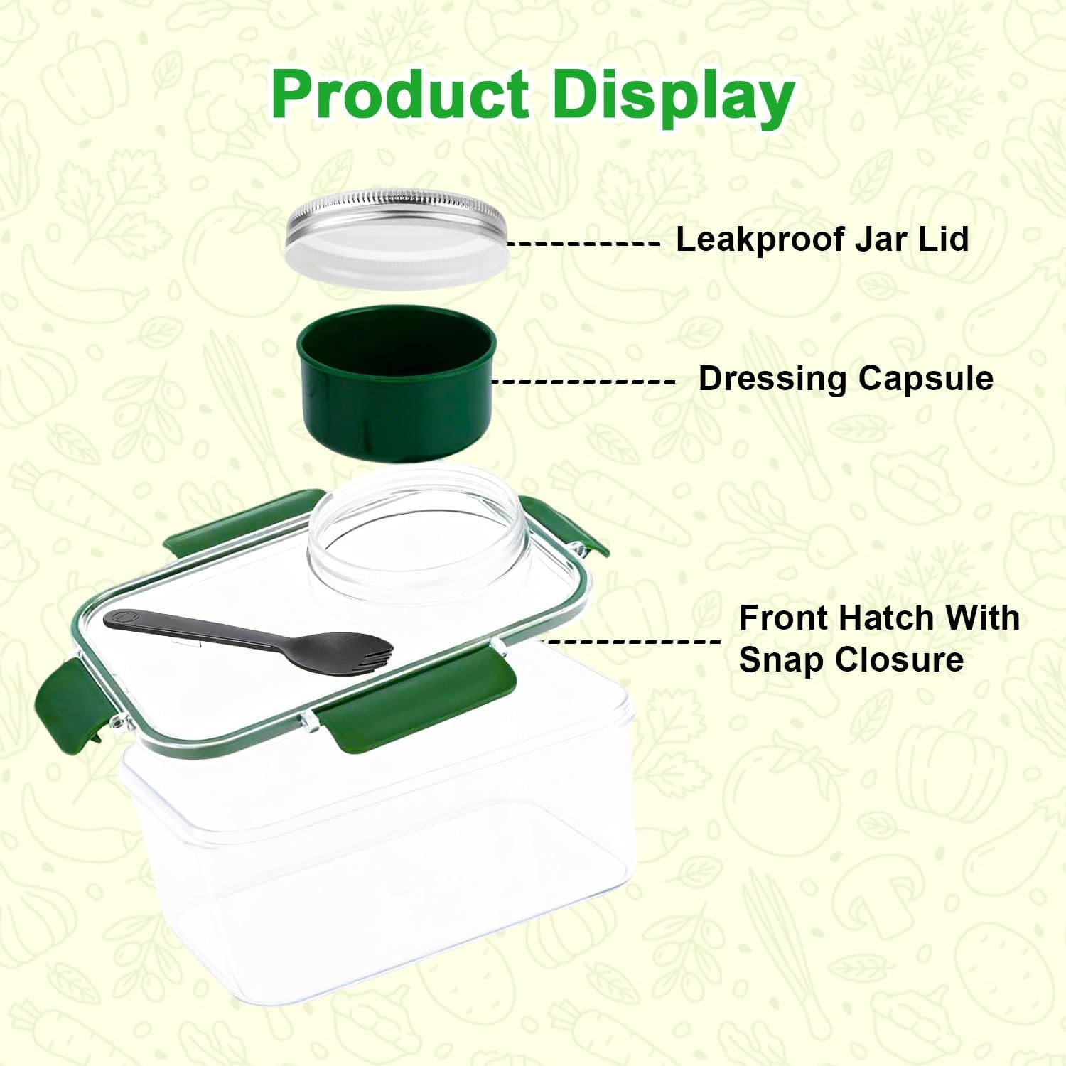 Salad pod or container with a fork & inbuilt dressing cup