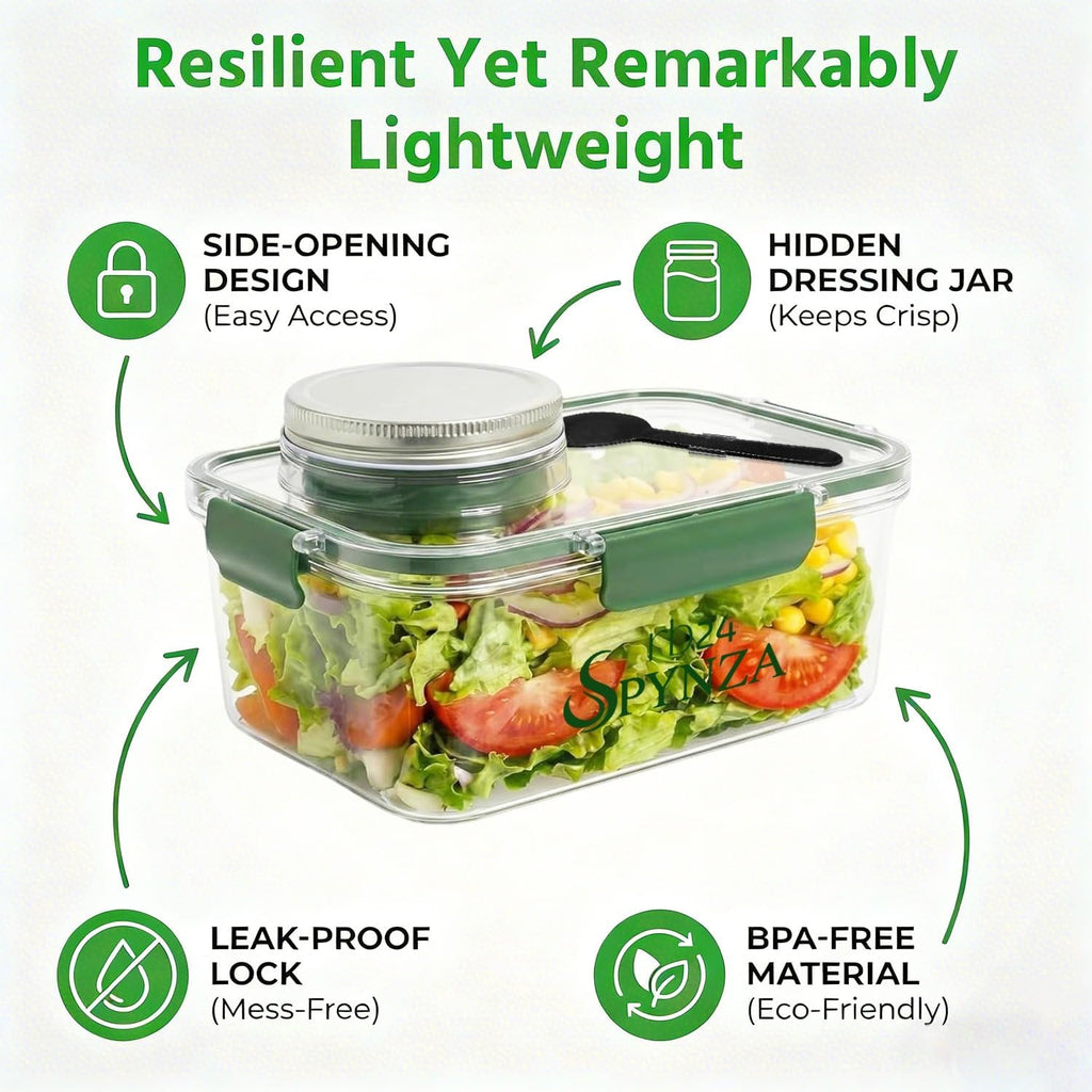 Salad pod or container with a fork & inbuilt dressing cup