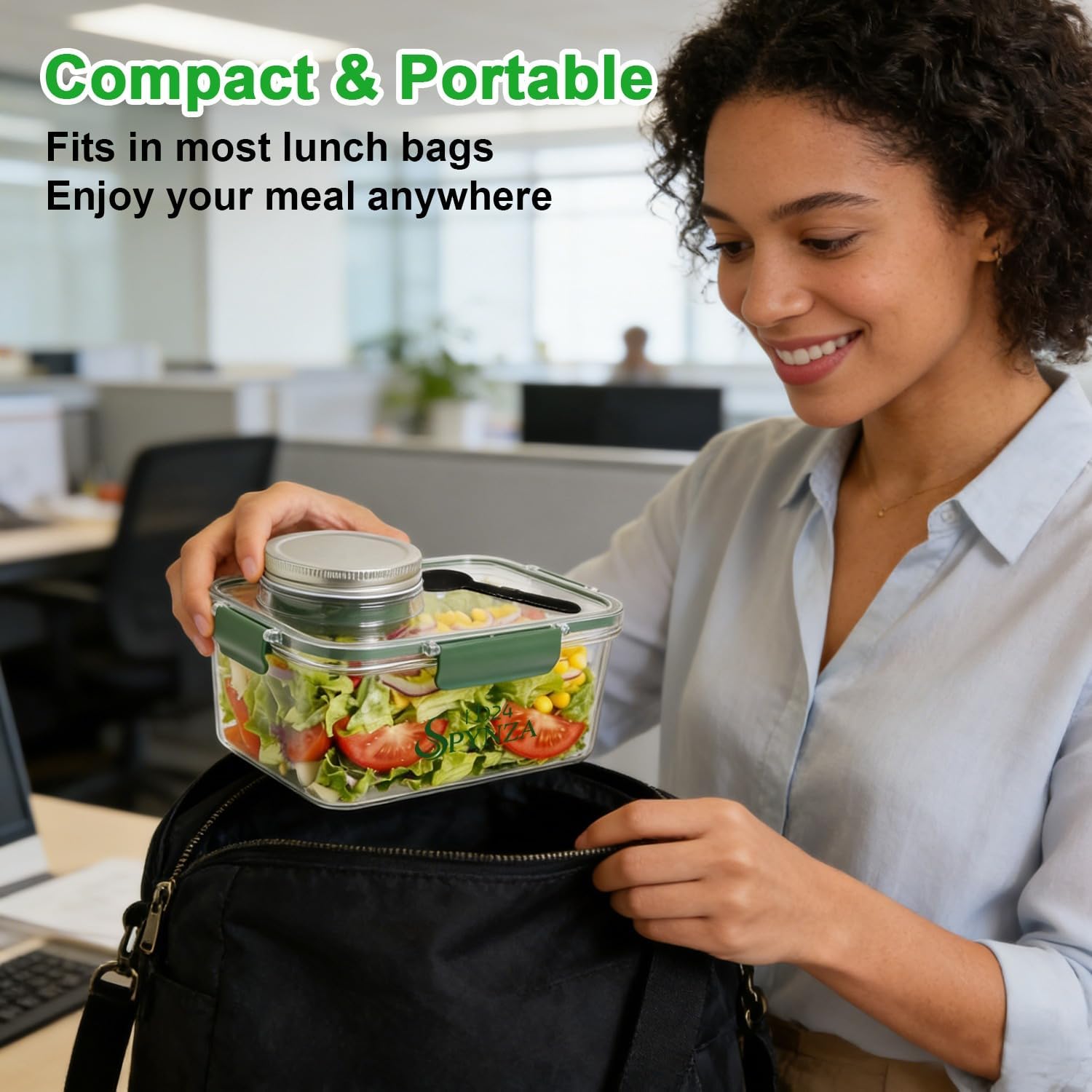 Salad pod or container with a fork & inbuilt dressing cup