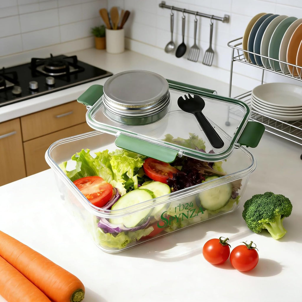Salad pod or container with a fork & inbuilt dressing cup