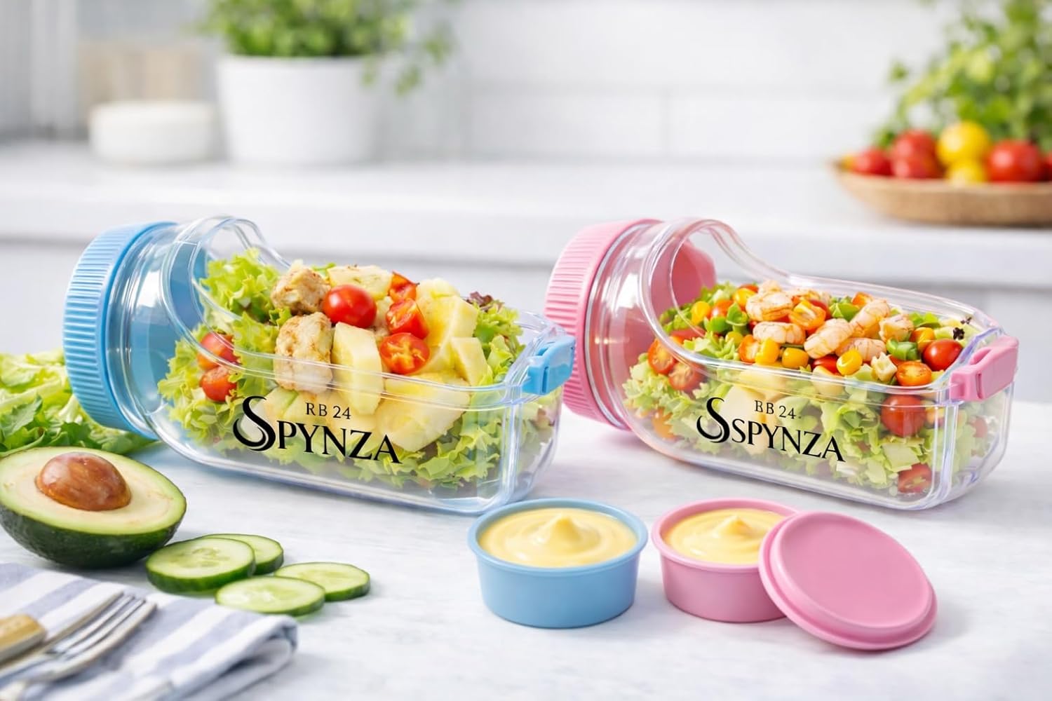 salad pod with side opening & a dressing cup (Powder Blue)
