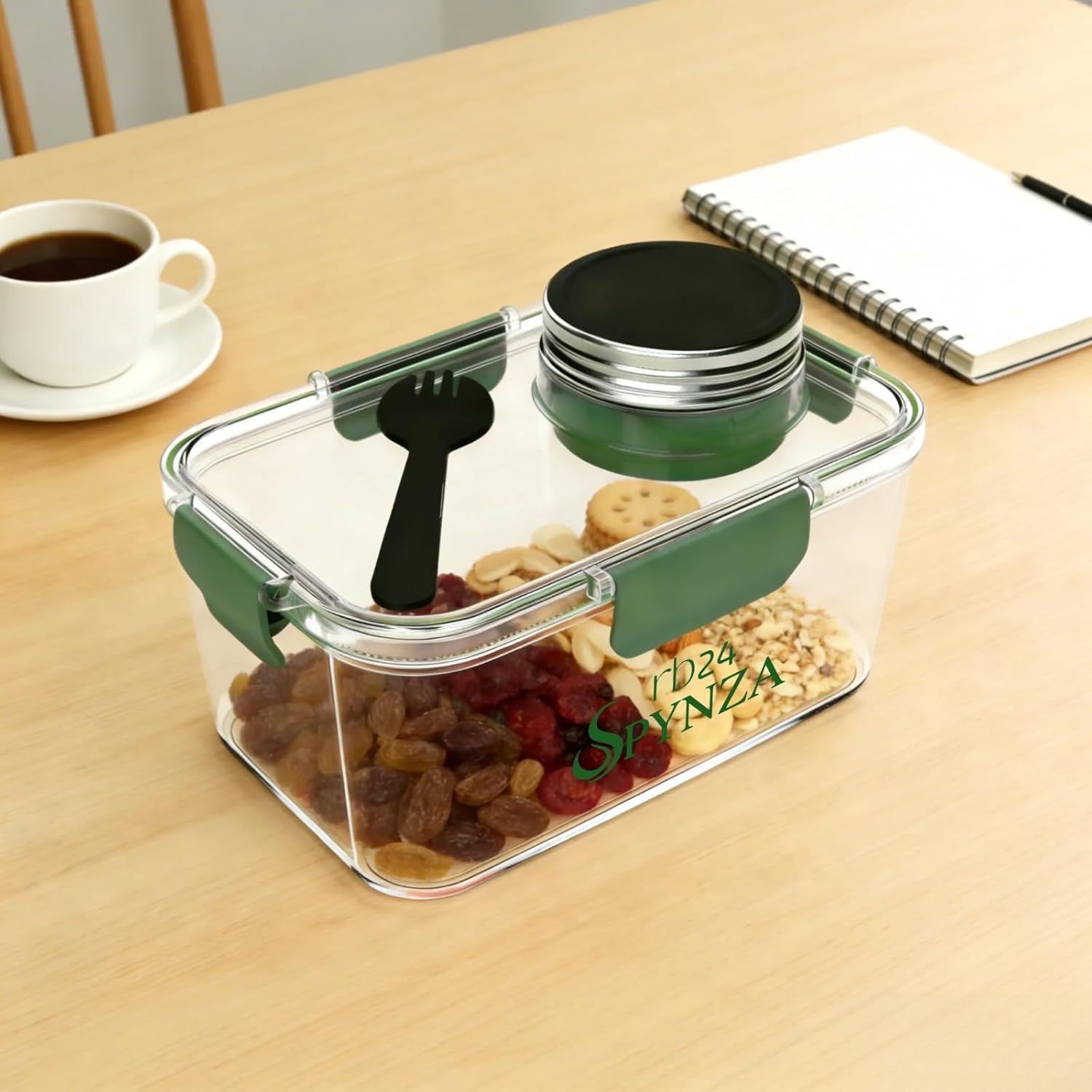 Salad pod or container with a fork & inbuilt dressing cup